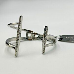 WHBM Bracelet Silver Tone Rhinestone Open Cuff Hinged Modern Chic 7.25"